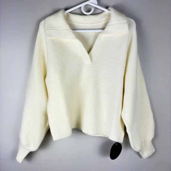 Women’s Cream Sweater Sz S Cozy Oversized Cropped Ribbed Knit V Neck Preppy NWT - Picture 2 of 10